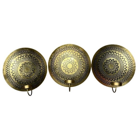 Brass Medallion Sconce Set of 3 Wall Hanging Candle Holders Boho Home Decor - Picture 3 of 5